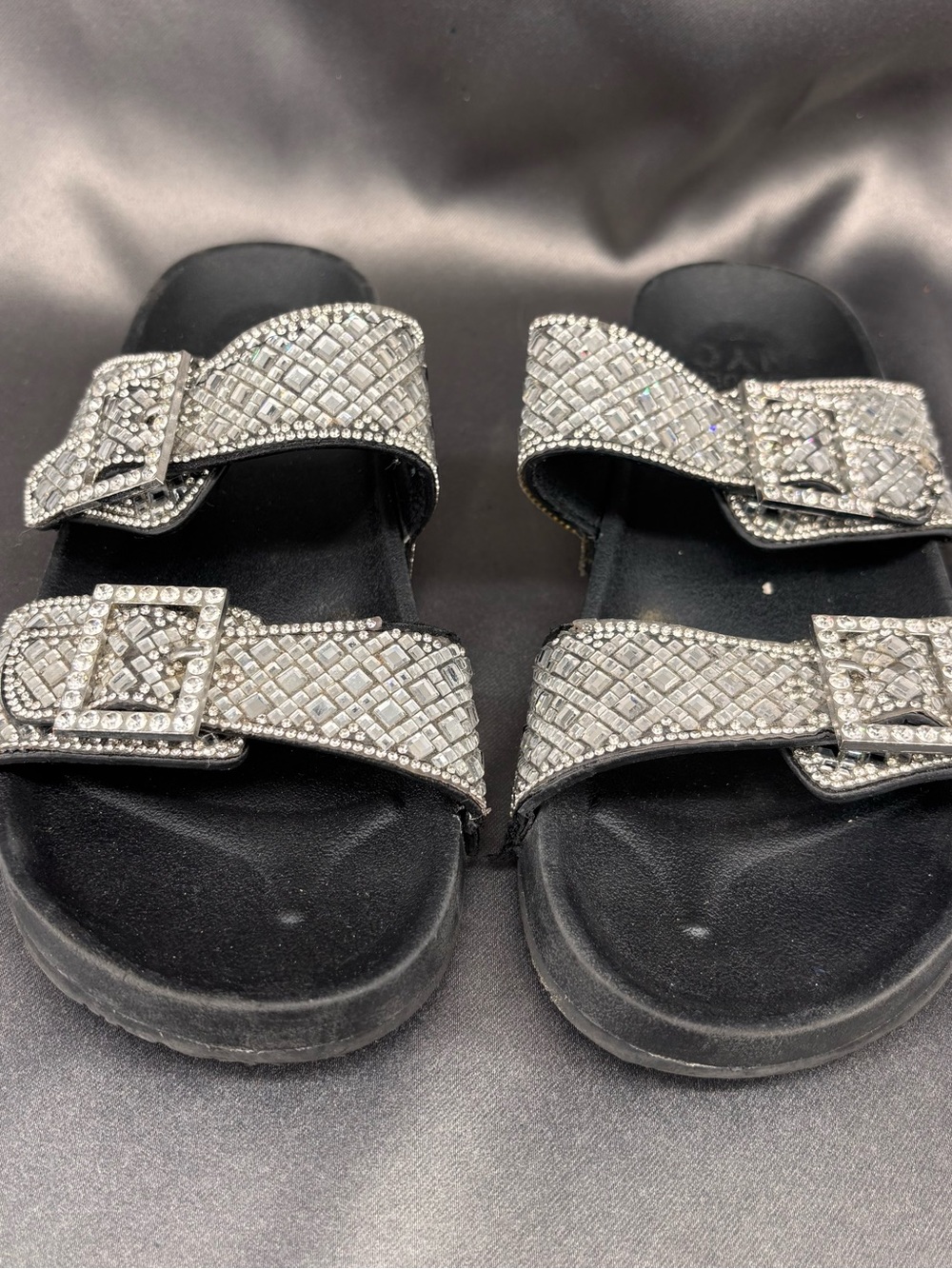Crystal-Embellished Double Buckle Slide Sandals - Silver/Black